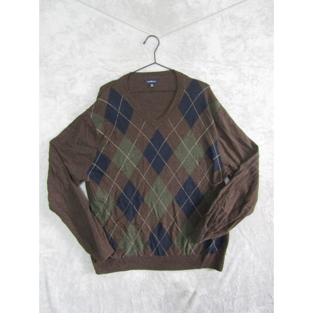 Croft & Barrow Mens XXL Brown Argyle V-Neck Sweater Cotton Wool Blend